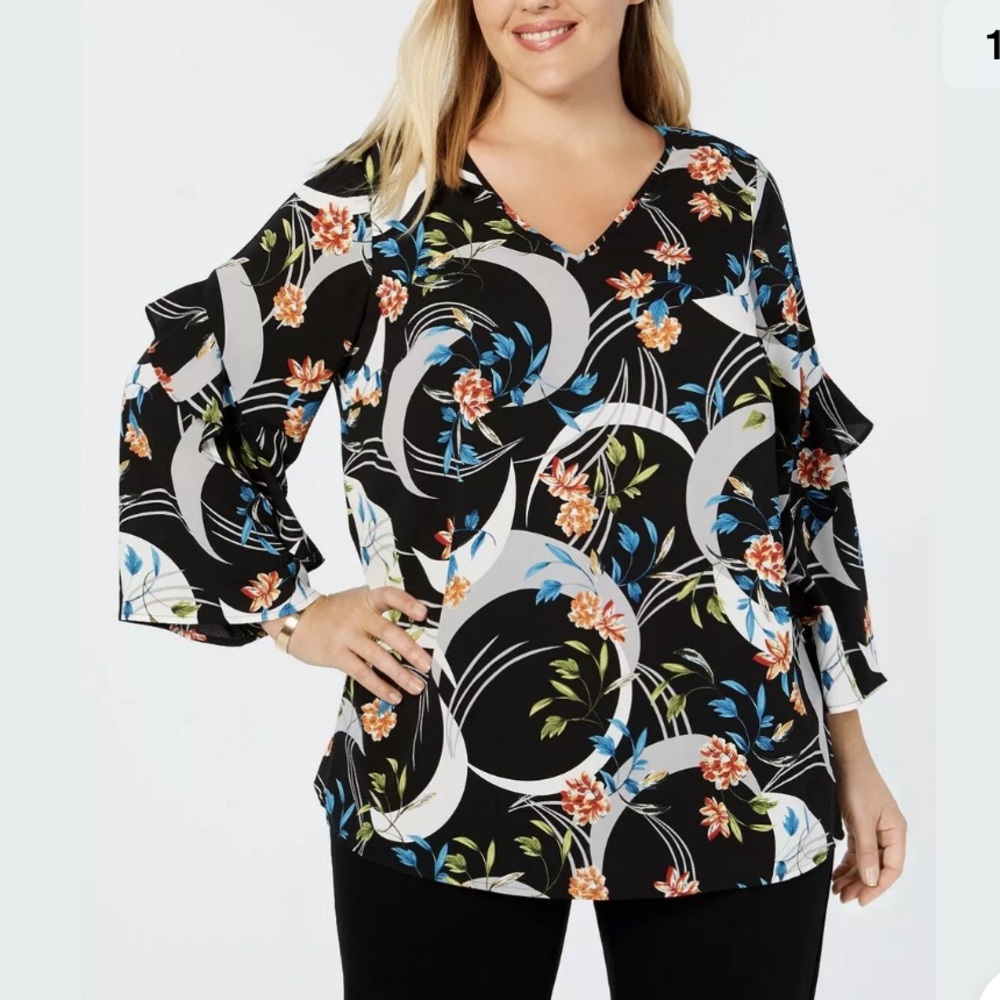 Alfani Floral Printed Flounce Sleeves Top Plus 1X
